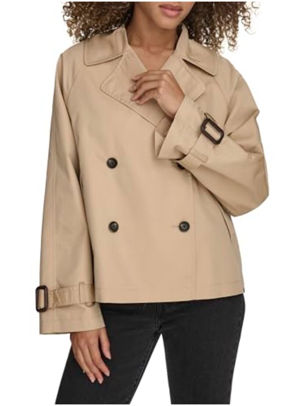 Cropped Double Breasted Trench Jacket Long Sleeve Cotton Blend Button Front